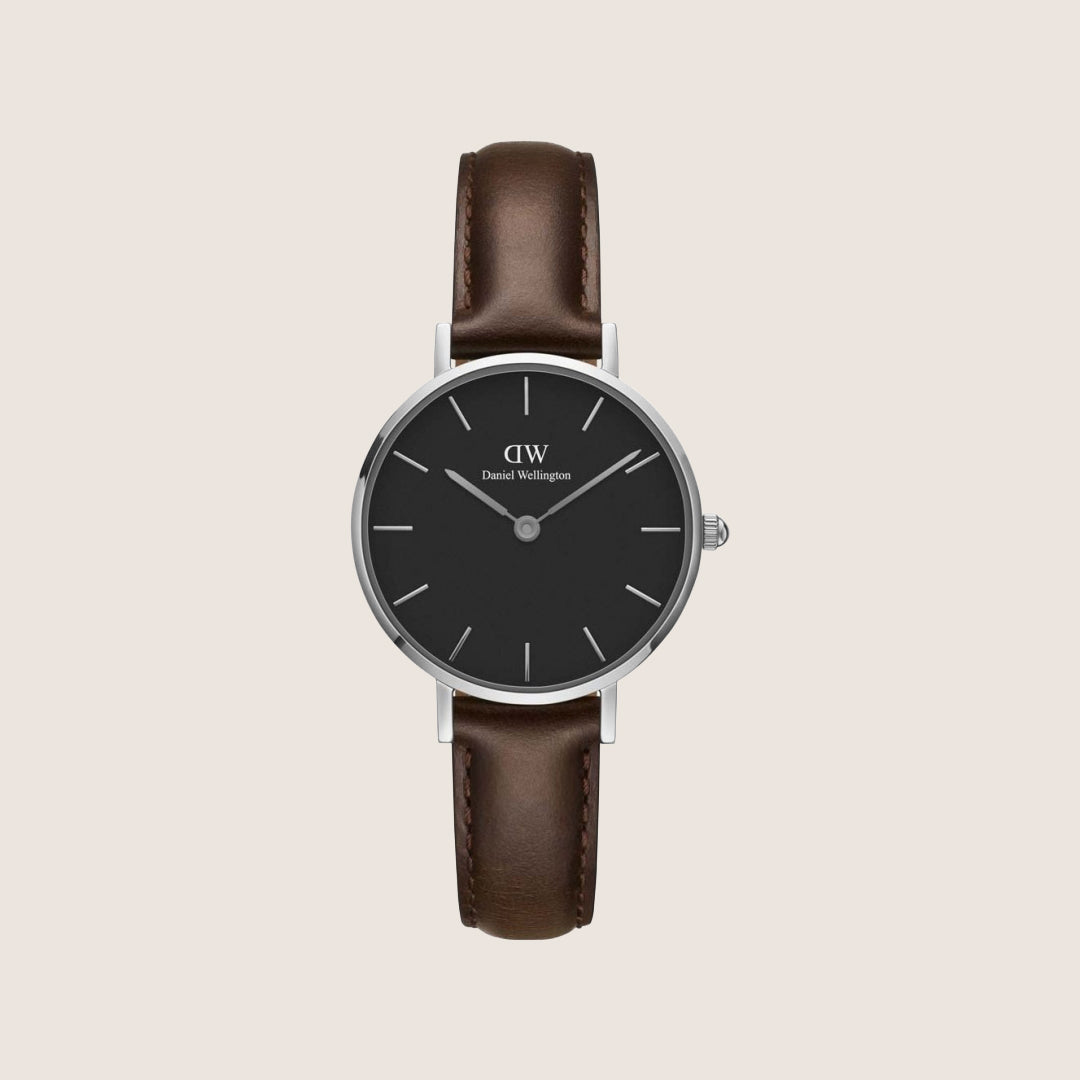 Daniel Wellington Women's Petite Black Bristol Silver Leather Black Dial Watch DW00100233