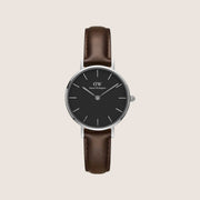 Daniel Wellington Women's Petite Black Bristol Silver Leather Black Dial Watch DW00100233