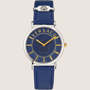 Versace Ladies Watch Blue Dial Silver Case Leather Strap VEK400121