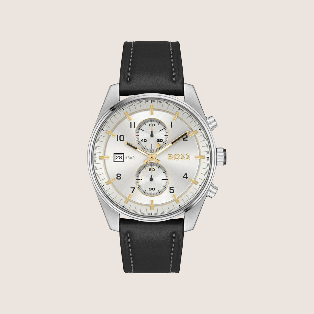 BOSS Men's Chronograph Silver Dial Black Leather Strap Watch 1514147