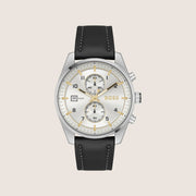 BOSS Men's Chronograph Silver Dial Black Leather Strap Watch 1514147