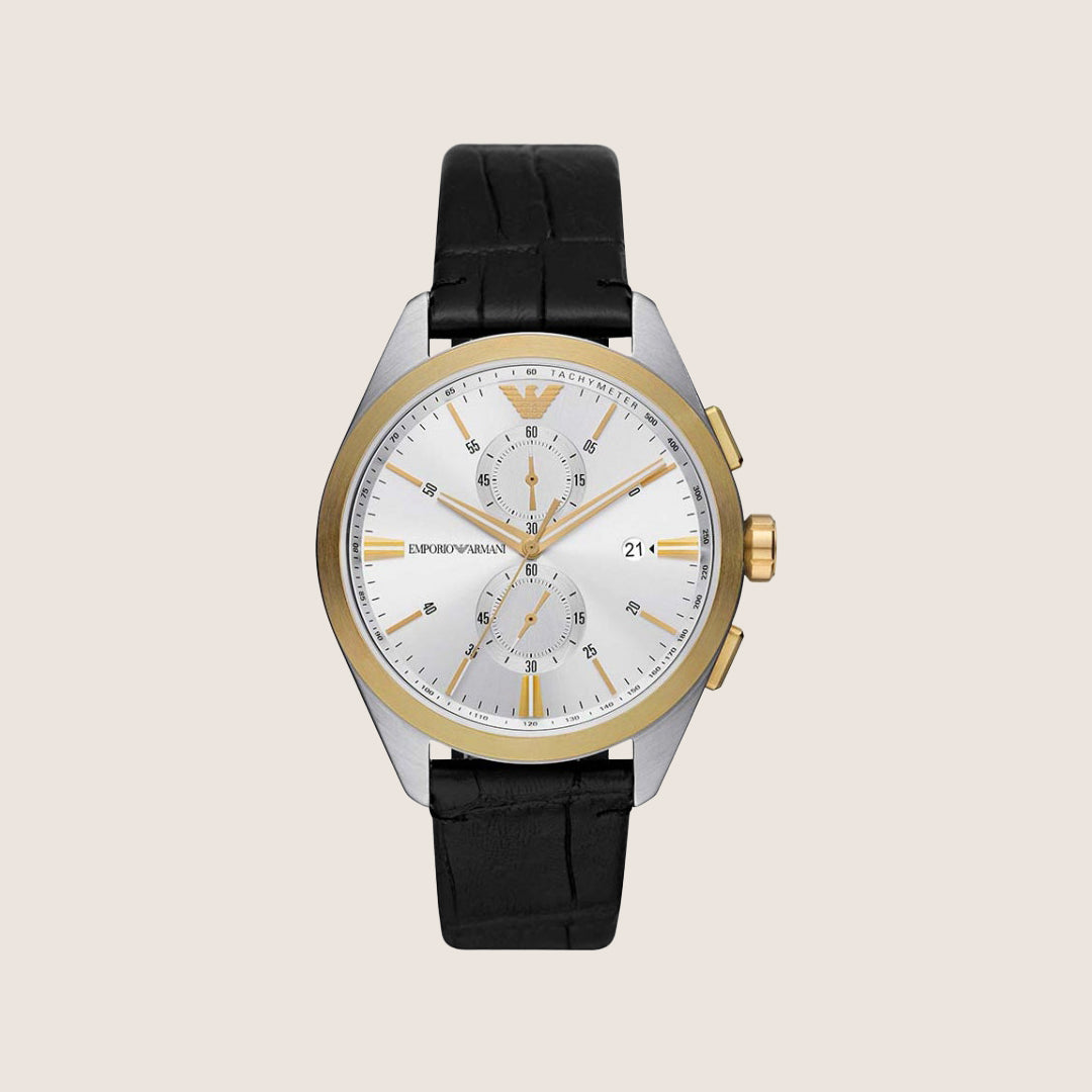 Emporio Armani Men's Watch Silver Dial Black Leather Strap AR11498