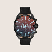 Diesel Mens Spiked Chronograph Black Dial Black Leather Strap Watch DZ4667