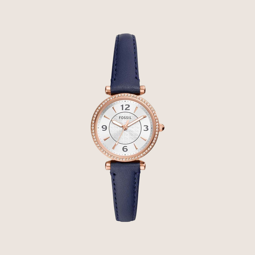 Fossil Women's Carlie Rose Gold Case Blue Leather Strap Analogue Watch ES5295