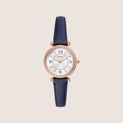 Fossil Women's Carlie Rose Gold Case Blue Leather Strap Analogue Watch ES5295