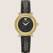 Versace Ladies Greca Twist Watch Black Dial Gold Case Leather Strap VE6I00323