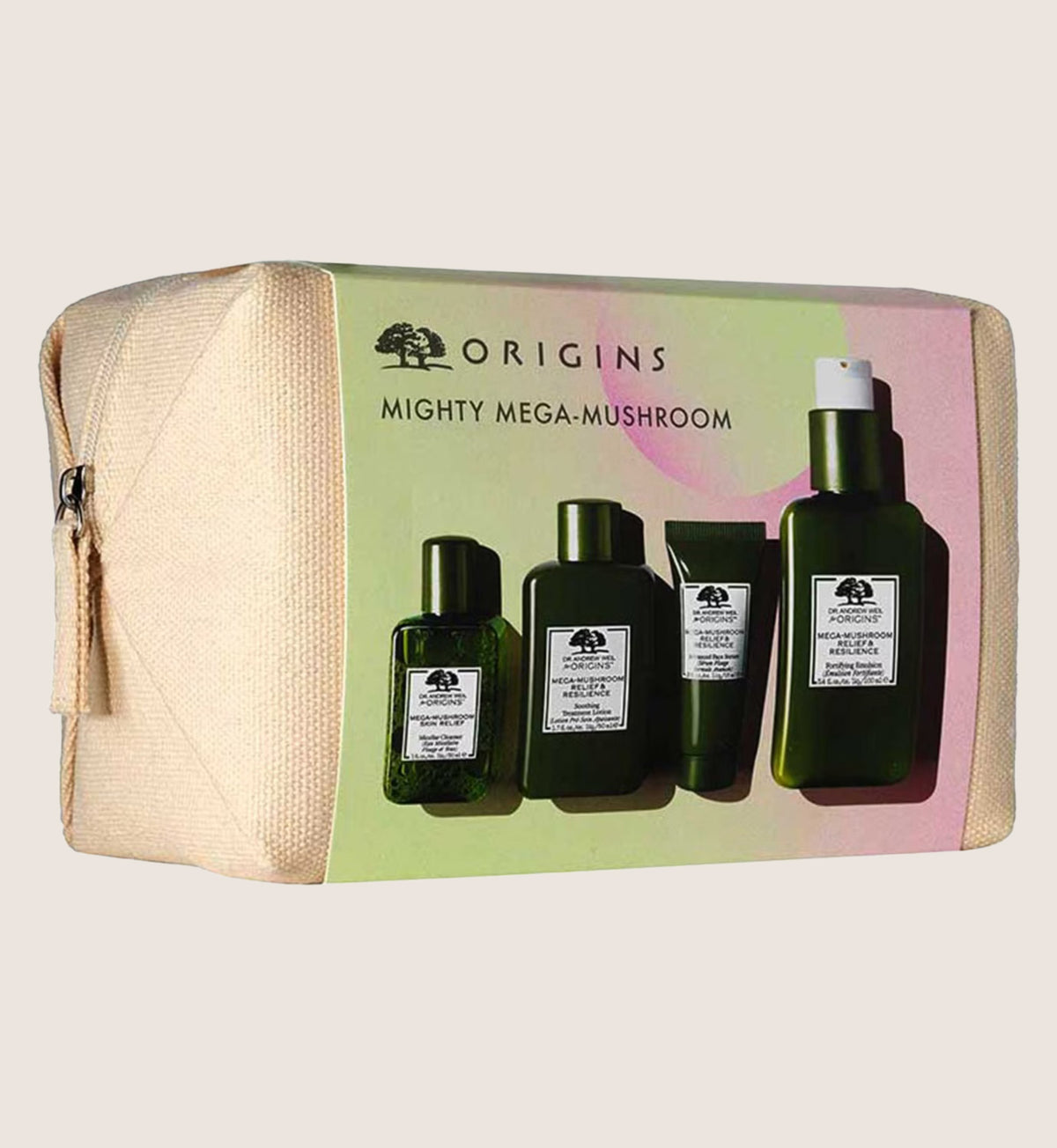 Origins Mighty Mega Mushroom Set - Soothing Skincare Essentials with Travel Bag