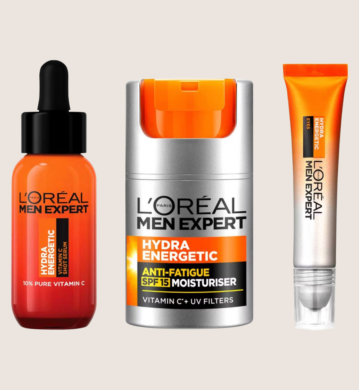 L'Oréal Men Expert Hydra Energetic Energising Routine - Eye Roll-On, Vitamin C Serum & SPF15 Moisturiser
