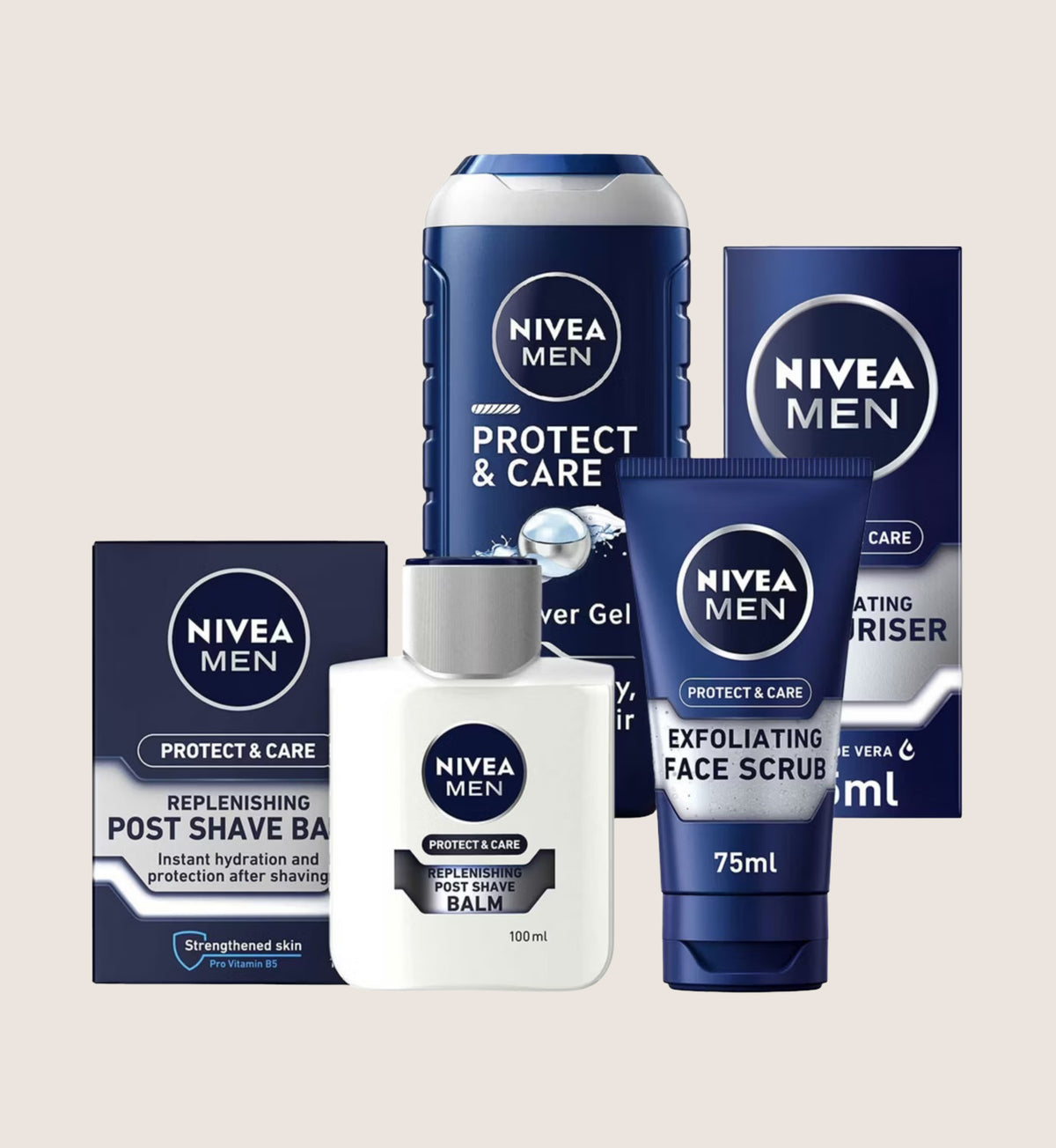 Nivea Men Protect & Care Bundle - Moisturiser, Post-Shave Balm, Face Scrub & Shower Gel