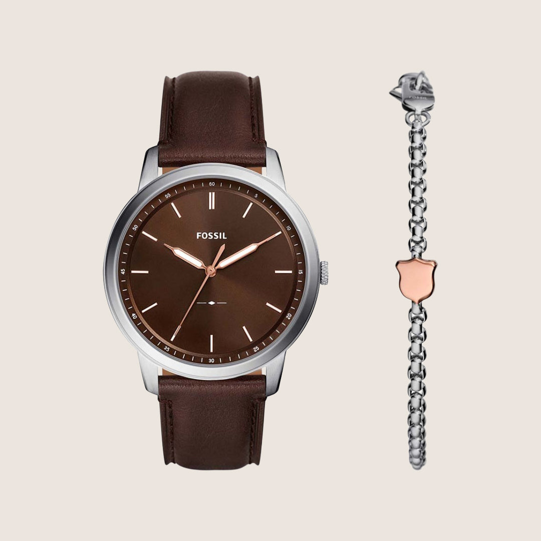 Fossil Mens Minimalist Brown Dial Watch and Bracelet Gift Set FS6019SET