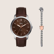 Fossil Mens Minimalist Brown Dial Watch and Bracelet Gift Set FS6019SET