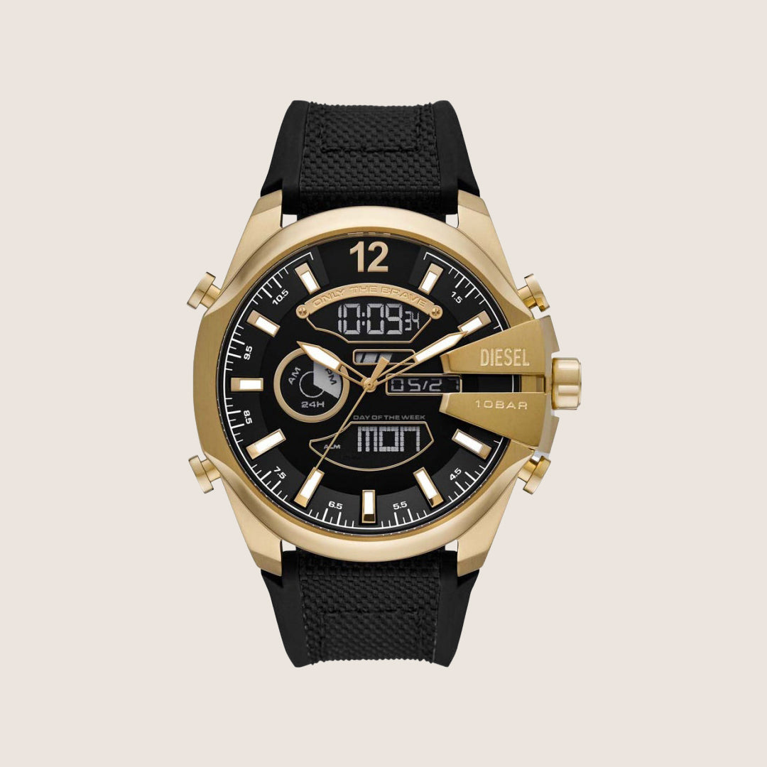 Diesel Mens Mega Chief Ana-Digi Chronograph Black Dial Gold Case Silicone Strap Watch DZ4634