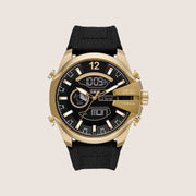Diesel Mens Mega Chief Ana-Digi Chronograph Black Dial Gold Case Silicone Strap Watch DZ4634