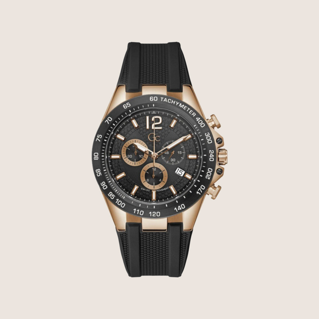 GC Men's Chronograph Black Dial Rose Gold Case Black Silicone Watch Z07002G2MF