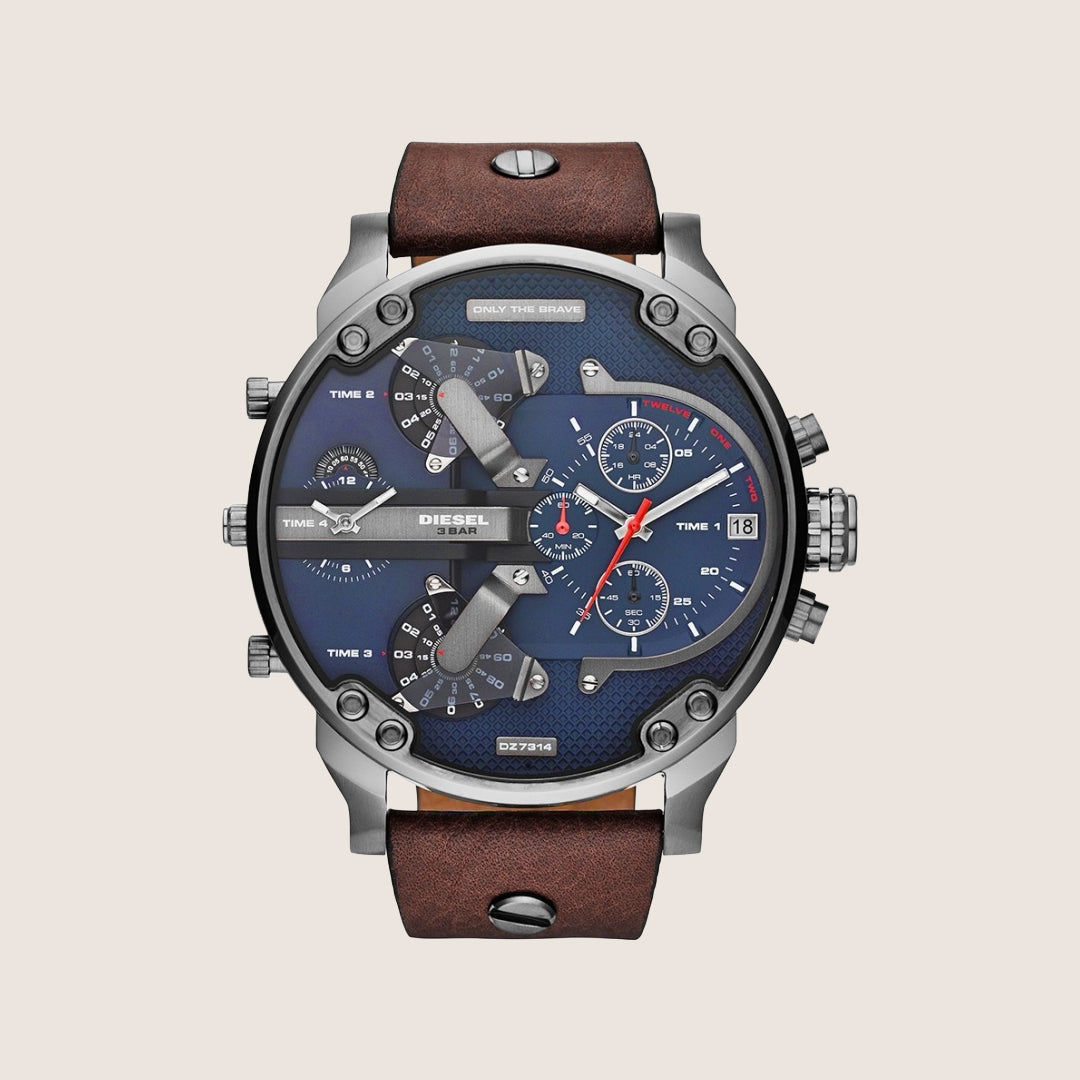 Diesel Mens Mr Daddy 2.0 Blue Dial Brown Leather Strap Watch DZ7314