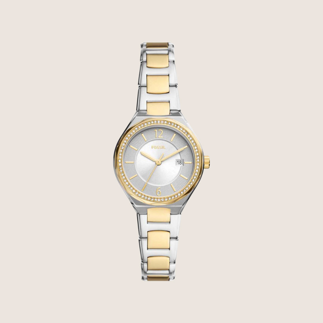 Fossil Women's Eevie Silver Two-Tone Crystal Bracelet Date Analogue Watch BQ3802