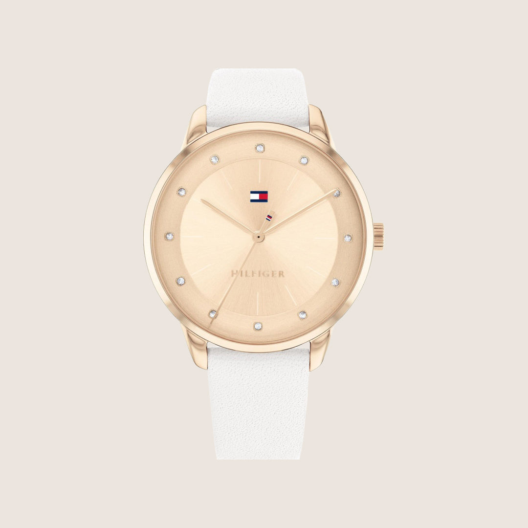 Tommy Hilfiger Women's Paige Carnation Gold Dial White Leather Strap 1782543