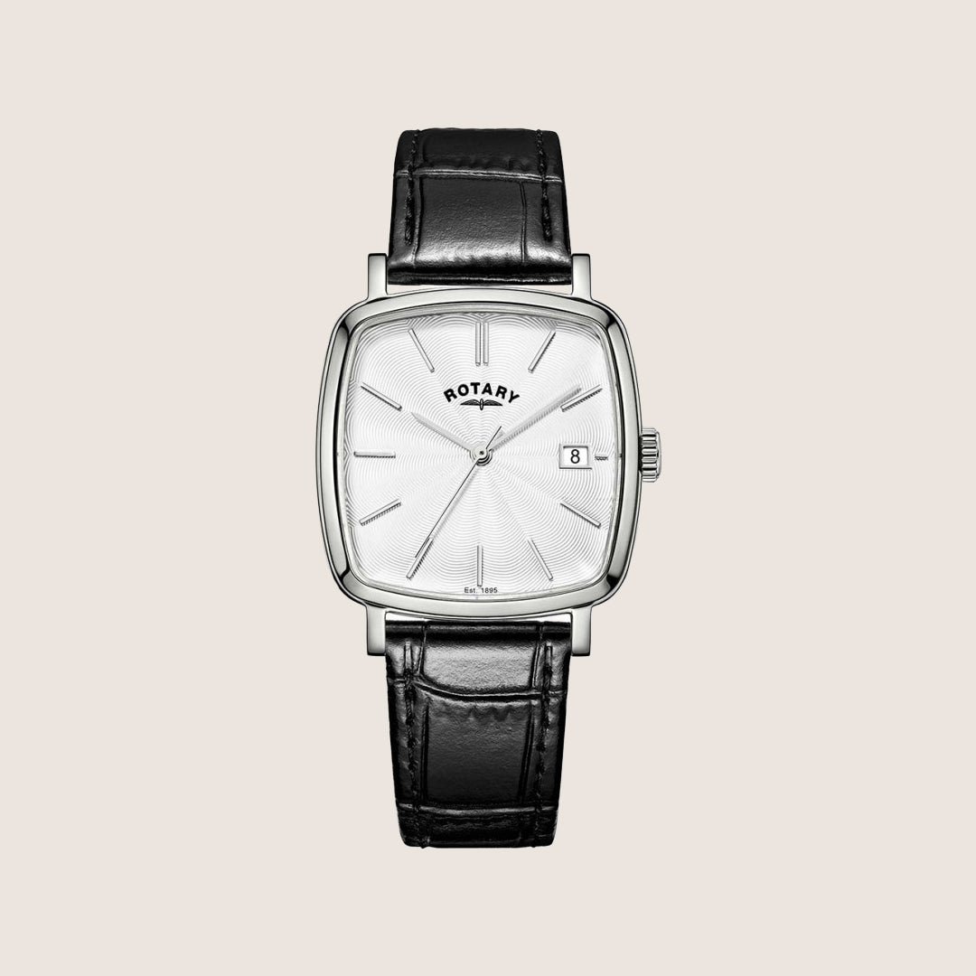 Rotary Mens Heritage White Dial Square Black Leather Slim Watch RGS05307-08