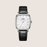 Rotary Mens Heritage White Dial Square Black Leather Slim Watch RGS05307-08