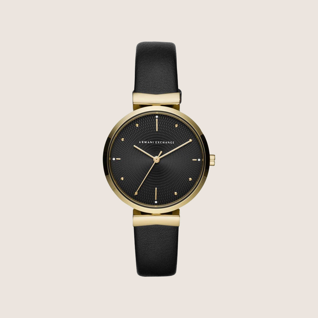 Armani Exchange Women's Dress Watch Black Leather Minimalist Gold Case AX5903
