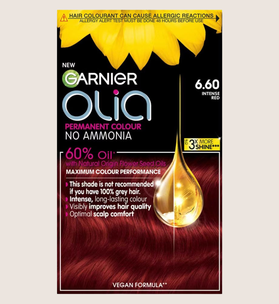 Garnier Olia 6.60 Intense Red: 100% Grey Coverage, No Ammonia, for vibrant, long-lasting red