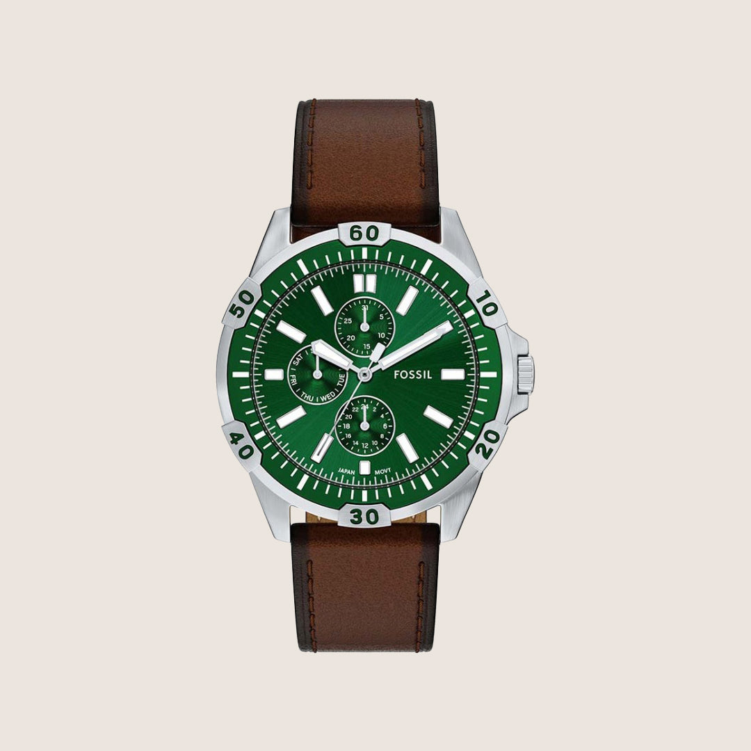 Fossil Mens Garrett Green Dial Leather Watch FS6147