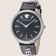 Versace Ladies V Circle Watch Black Dial Silver Case Leather Strap VE8104122