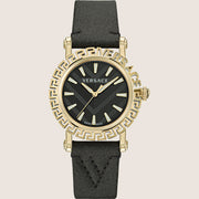 Versace Ladies Greca Glam Watch Black Dial Gold Case 40mm Leather Strap VE6D00223