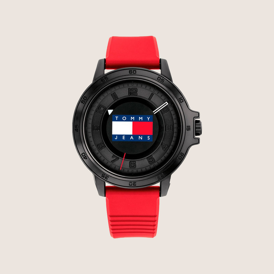 Tommy Hilfiger Men's Watch Black Dial Red Silicone Strap 1792033
