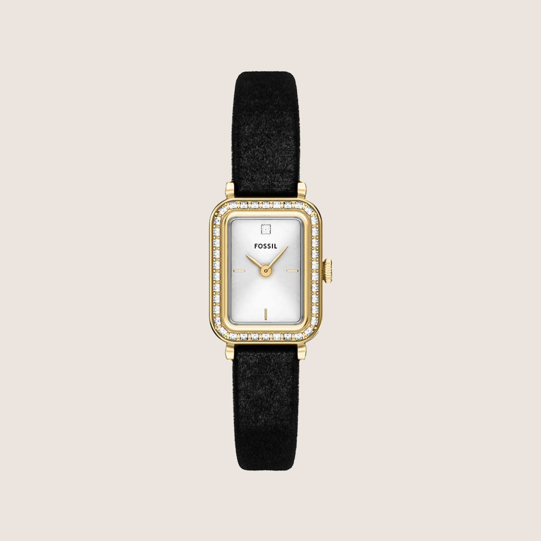 Fossil Women's Raquel Gold Rectangle Silver Dial Black Textile Strap Analogue Watch ES5437