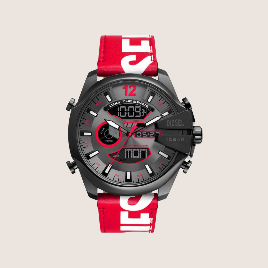 Diesel Mens Mega Chief Ana-Digi Alarm Chronograph Gunmetal Dial Leather Strap Watch DZ4647