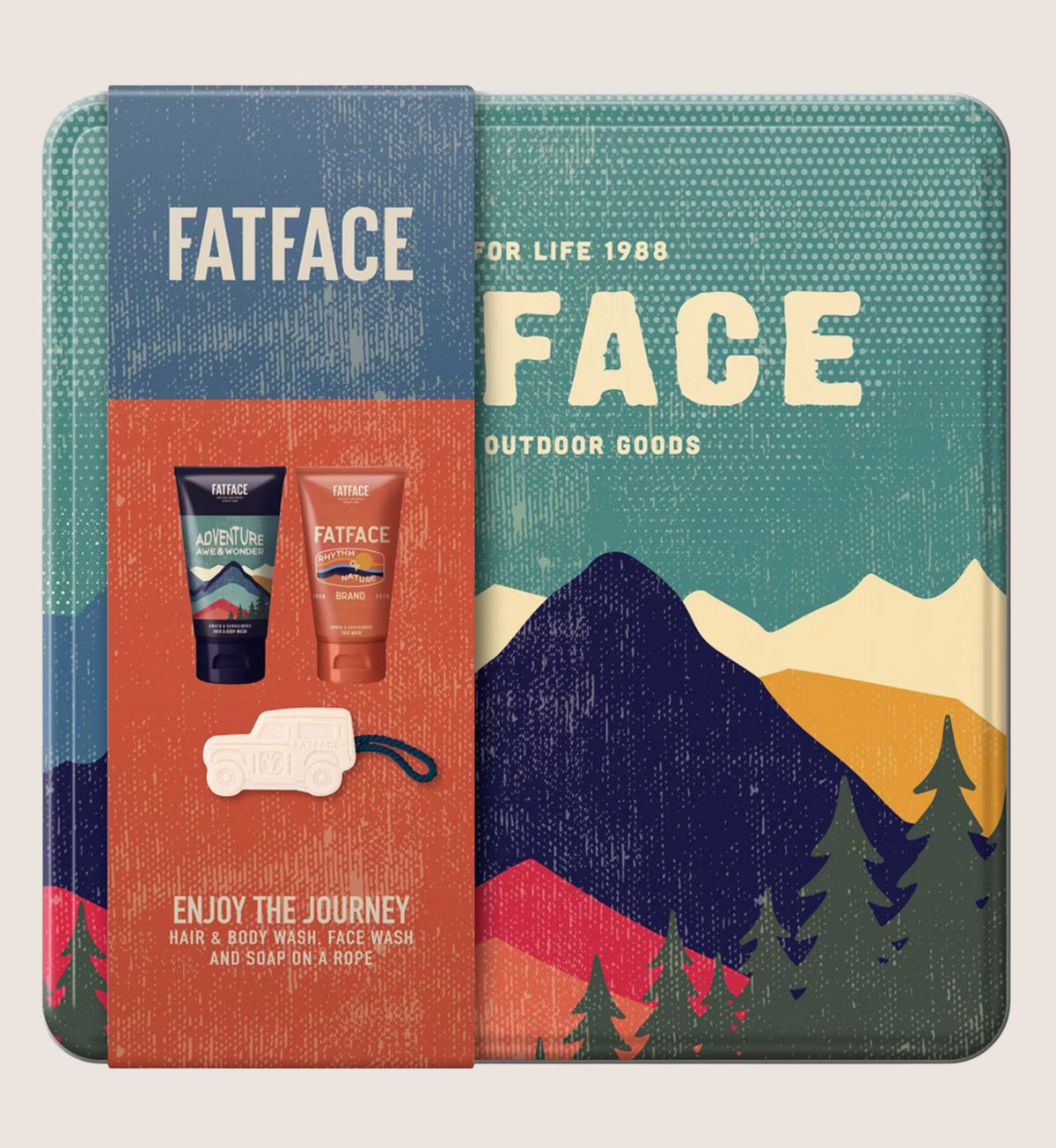 FatFace Enjoy The Journey Wash Tin Set - Hair & Body Wash, Face Wash & Soap On A Rope