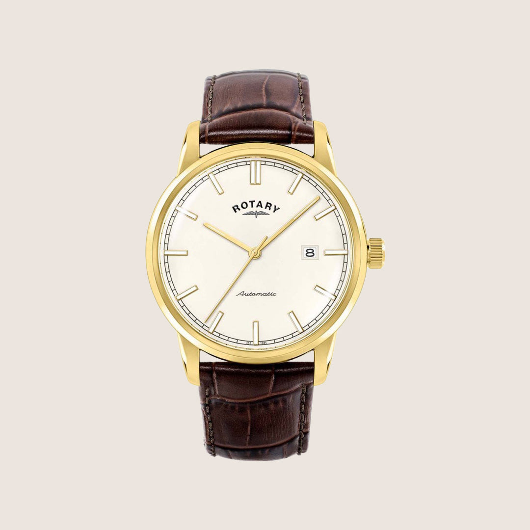Rotary Mens Heritage Automatic White Dial Gold Case Brown Leather Watch RGS10004-31