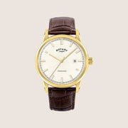 Rotary Mens Heritage Automatic White Dial Gold Case Brown Leather Watch RGS10004-31