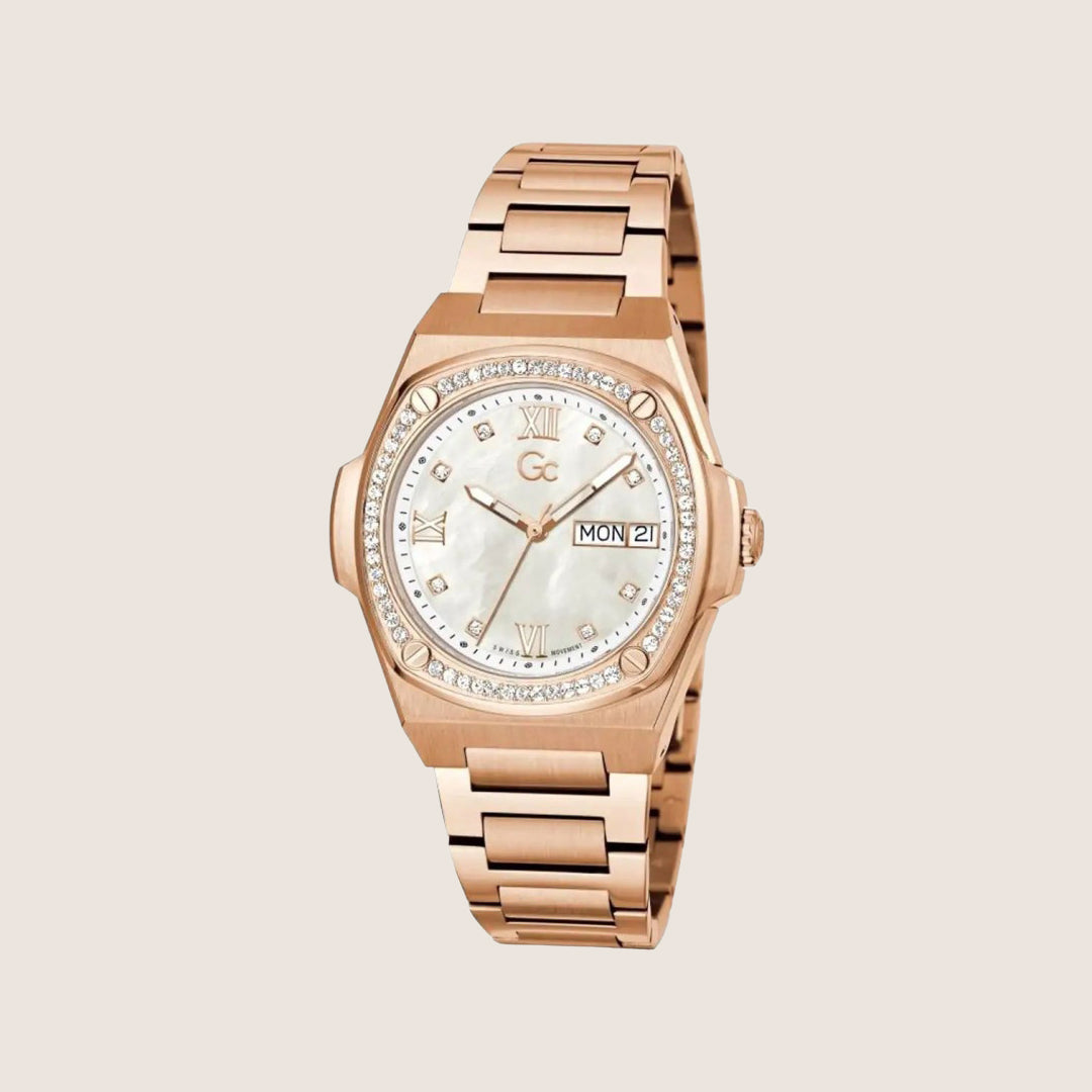 GC Ladies Rose Gold Crystal Set Mother Of Pearl Day Date Dial Swiss Watch Y98002L1MF