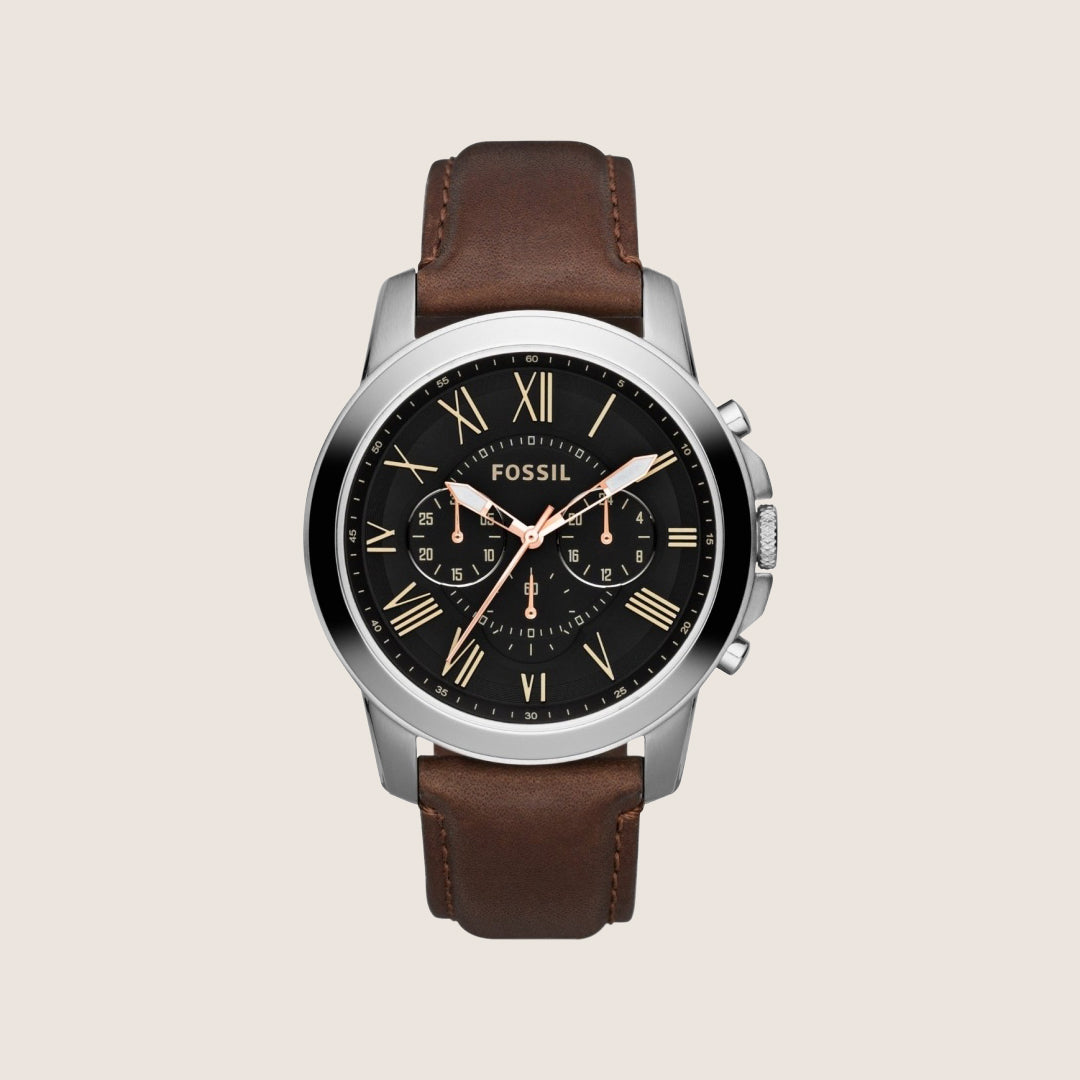 Fossil Mens Grant Black Leather Chronograph Watch FS4813