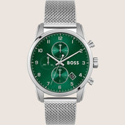 BOSS Men's Green Dial Silver Steel Quartz Bracelet Watch 1513938