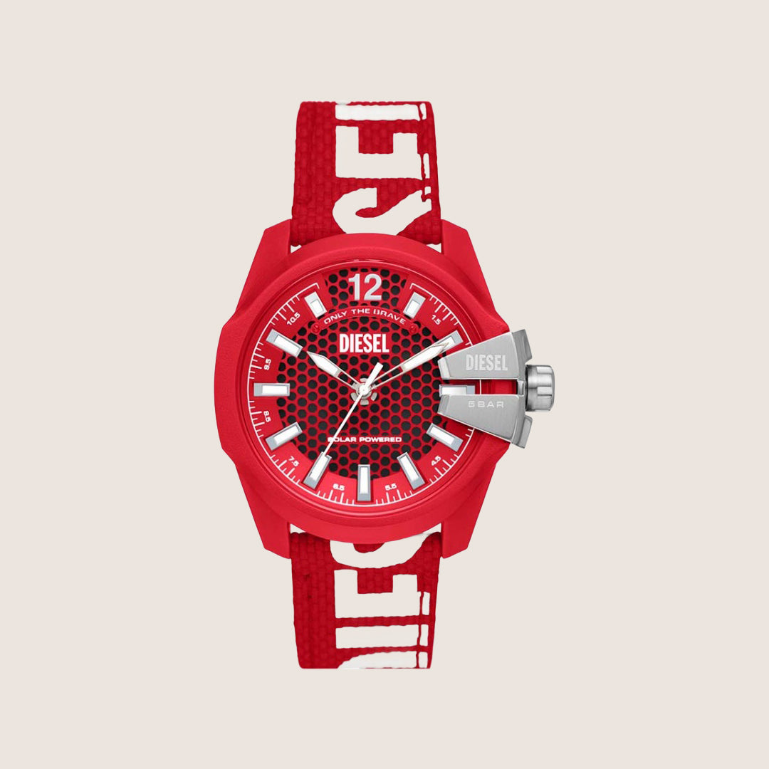 Diesel Mens Baby Chief Solar Power Red Dial Red Rubber Strap Watch DZ4619