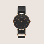 Daniel Wellington Mens Classic Black Cornwall Rose Gold Black Dial 36mm Watch DW00100150
