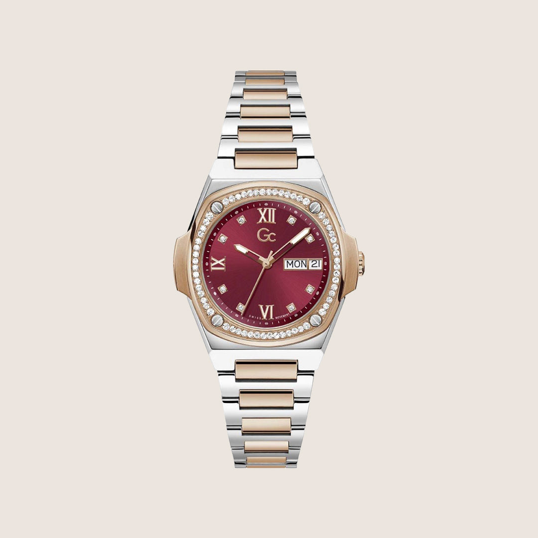 GC Ladies Coussin Two-Tone Crystal Set Red Dial Cushion Case Day Date Watch Y98009L3MF