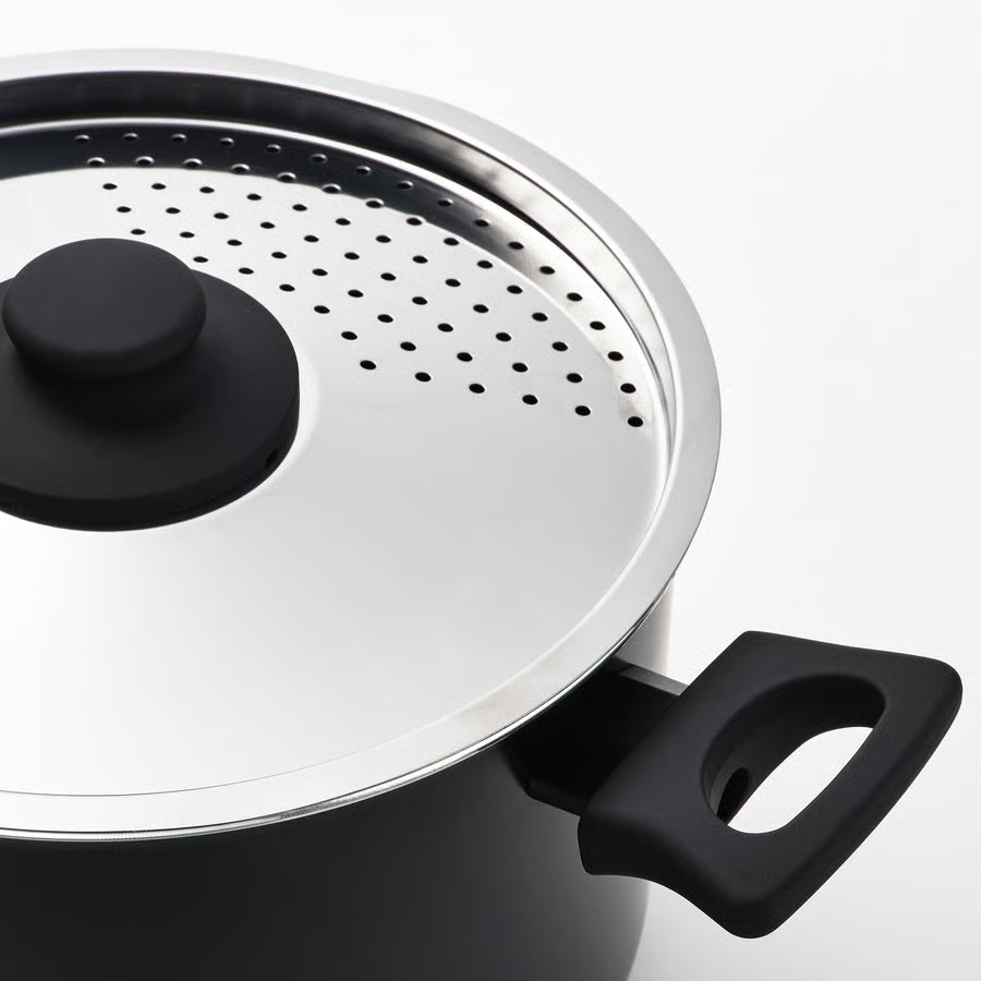 IKEA HEMLAGAD Pot with lid, non-stick coating black, 5 l, Aluminium, Sol-gel ceramic non-stick coating, Silicone resin paint
