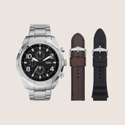 Fossil Mens Bronson Black Chronograph Watch and Straps Gift Set FS5968SET
