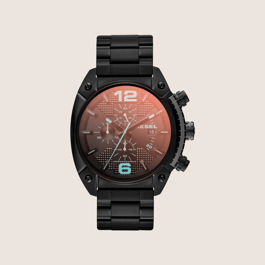 Diesel Mens Overflow Chronograph Multicolour Dial Black IP Steel Bracelet Watch DZ4316