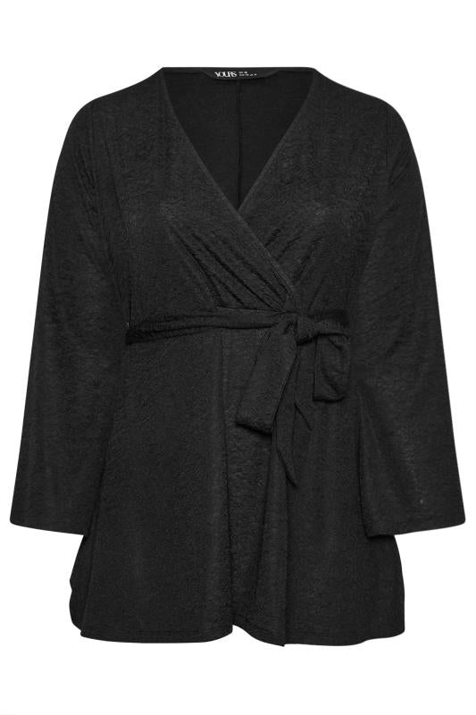 YOURS Curve Black Textured Flare Sleeve Wrap Top