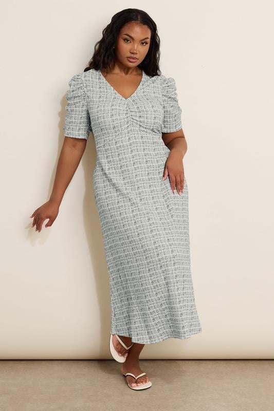 YOURS Curve Grey Check Textured Milkmaid Dress