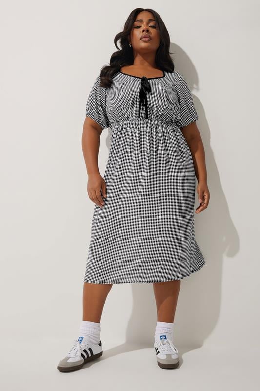 LIMITED COLLECTION Curve Black & White Check Bow Front Midi Dress