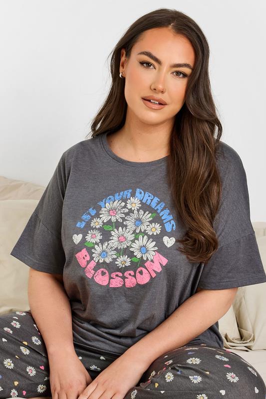 YOURS Curve Grey 'Let Your Dreams Blossom' Floral Wide Leg Pyjama Set