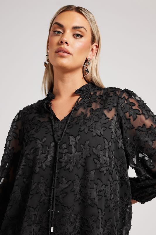 YOURS LONDON Curve Black Floral Burnout Tie Neck Blouse