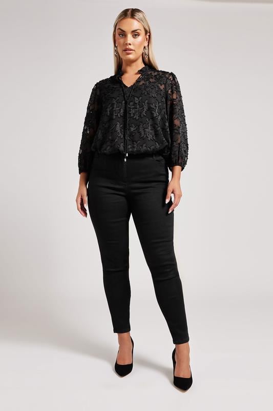 YOURS LONDON Curve Black Floral Burnout Tie Neck Blouse