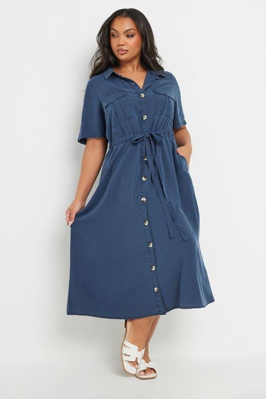 YOURS Curve Blue Tie Waist Chambray Shirt Dress